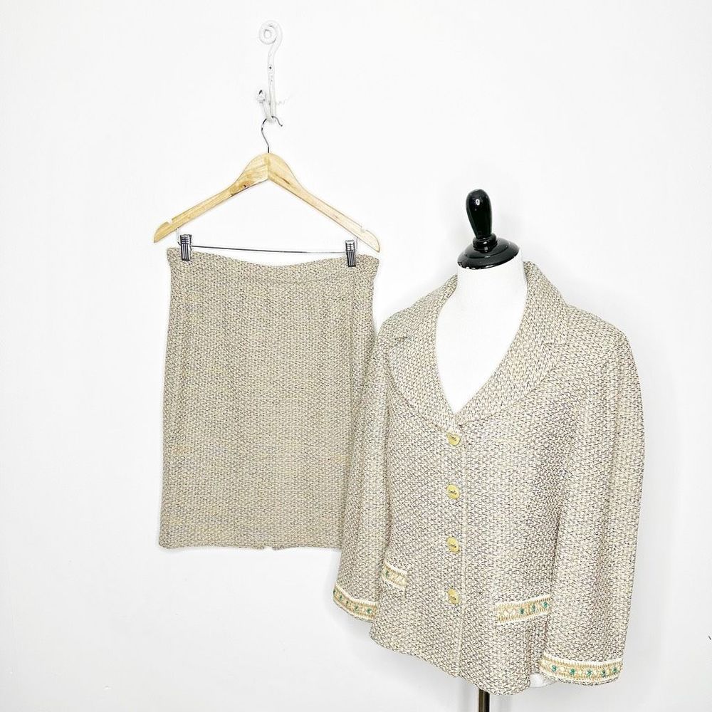 St. John Collection Taupe Turquoise Blue Tweed Santana Knit SKIRT SUIT womens 10